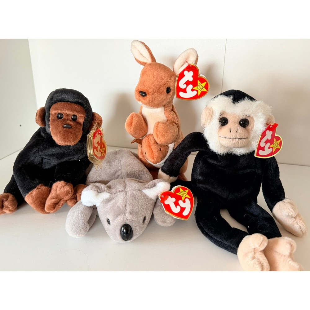 Ty Beanie Babies Set of 4 Pouch Kangaroo Mel Koala Bongo & Mac Monkey NWT